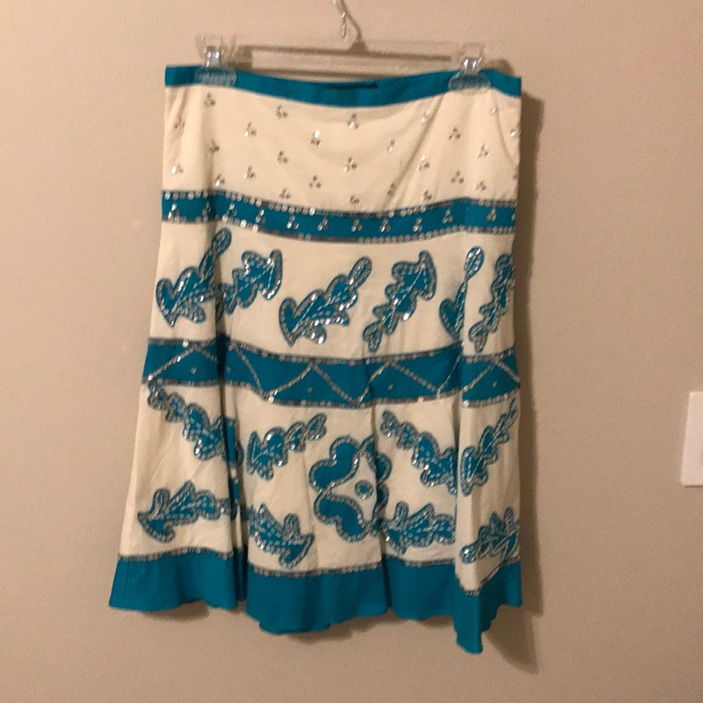 Sequin detailed teal and white midi skirt